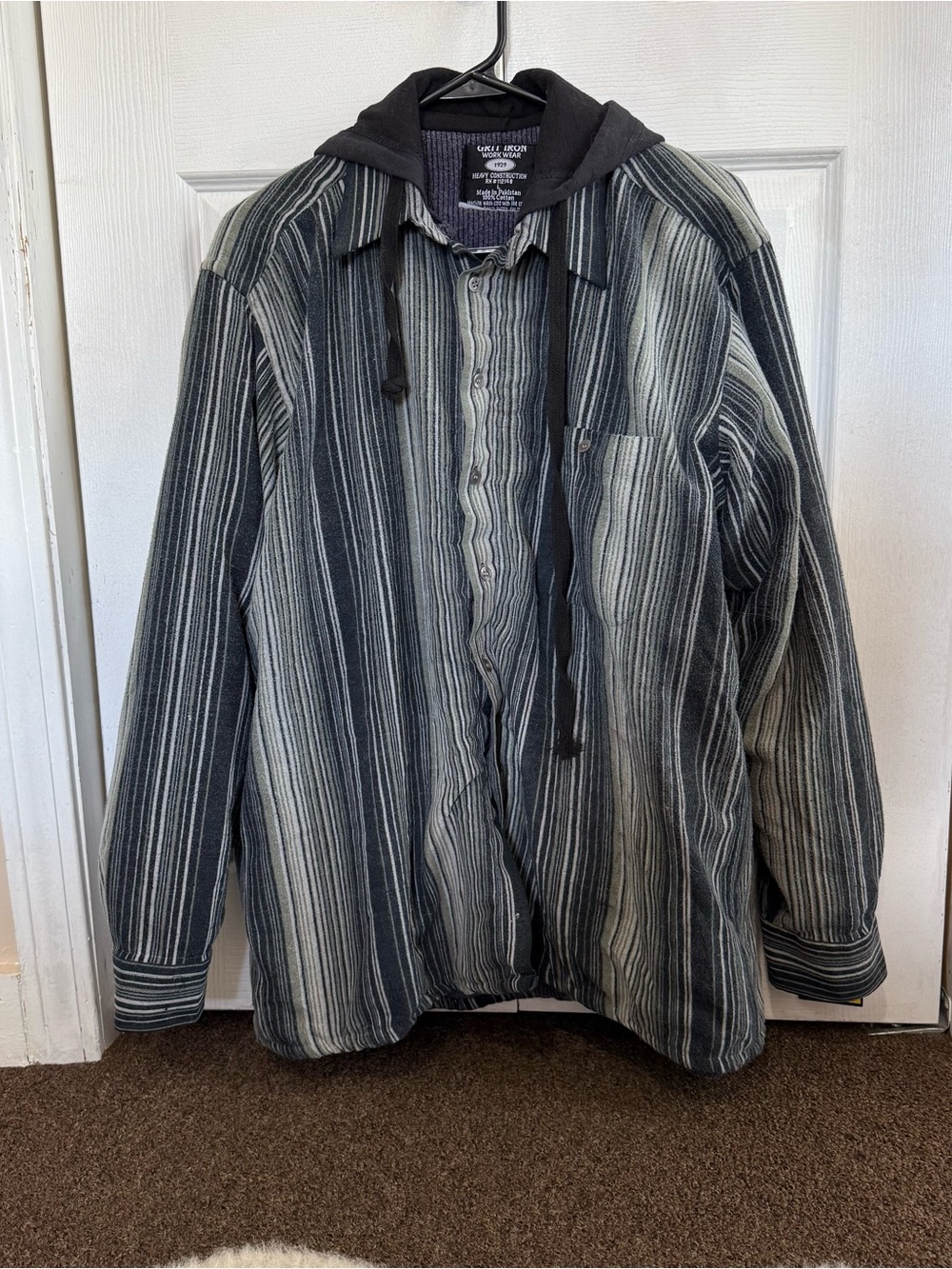 Gently Worn Men's Hooded Striped Button-Up Jacket - Dark Gray